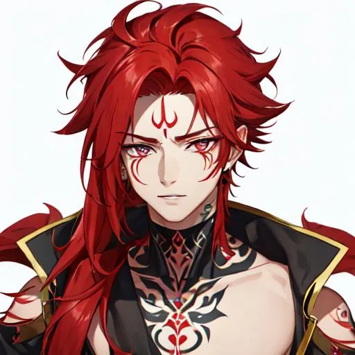 Prompt: Zerif 1male (Red hair covering his right eye) with tattoos

