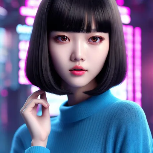 Prompt: a lonely AI girl, very tall, thick thighs, wide hips, long legs, slender waist, big beautiful symmetrical eyes, intriguingly beautiful face, aloof expression, bob haircut with bangs, 90's Computer Graphics render style, 12K resolution, hyper quality, hyper-detailed, depth of field