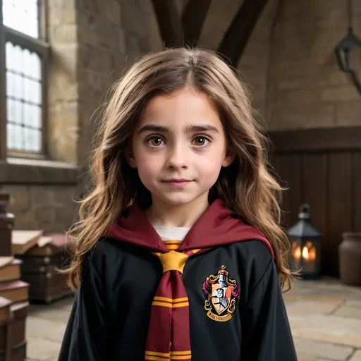 Prompt: Little Gryffindor witch with brown hair and brown eyes and Harry Potter