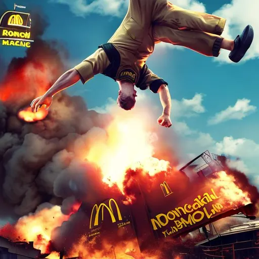 Prompt: Ronald mc donalds doing a backflip while launching a tactical nuke