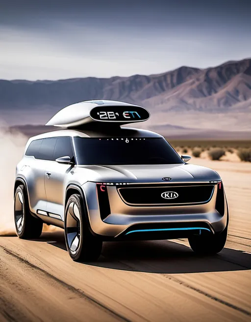 Prompt: a futuristic SUV that is based on a Kia EV9 and airstream trailer its also made for racing and can go up to 200mph but maintains the suv look