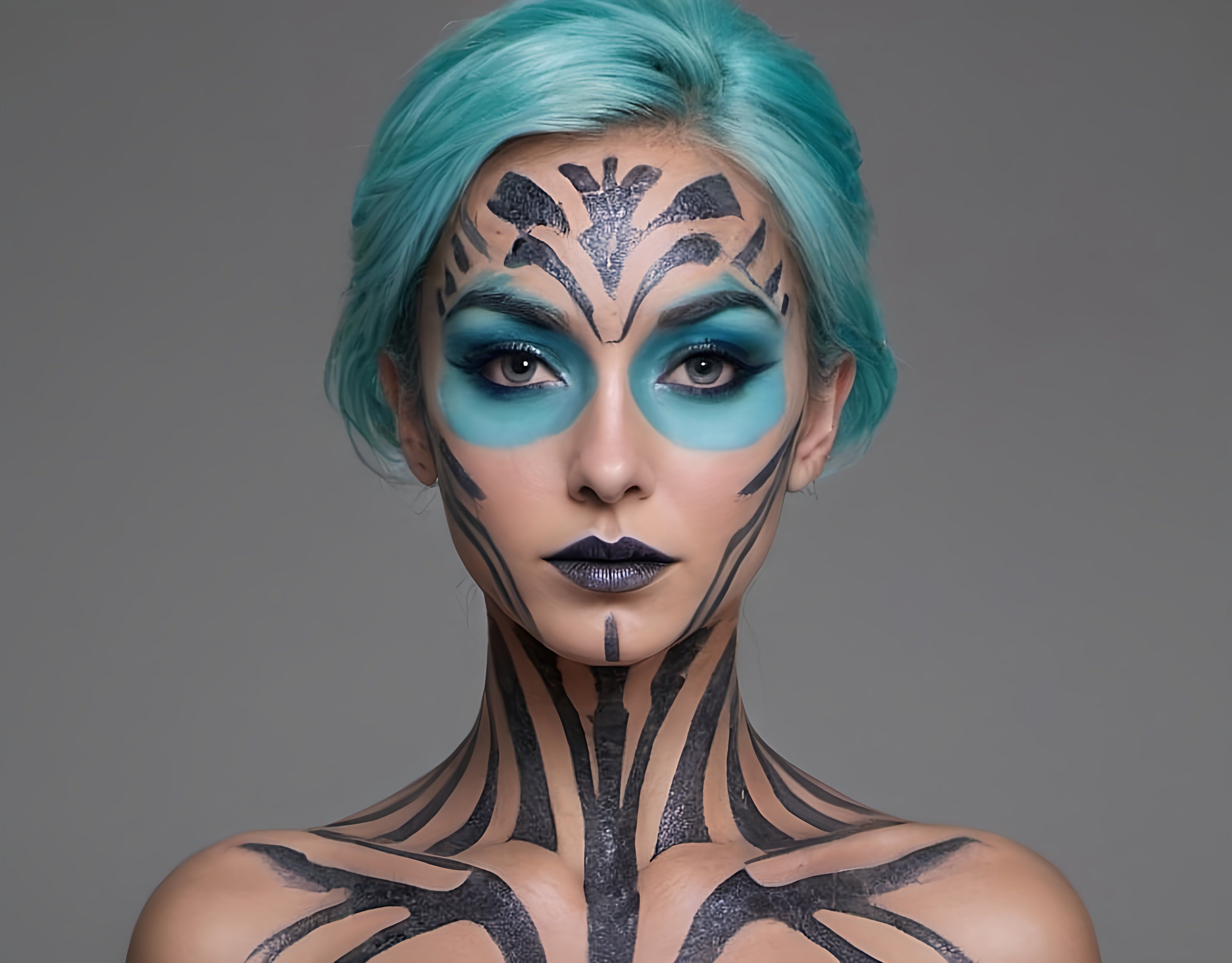 Prompt: a woman with blue hair and face paint, with a black and white design on her face, gothic art, behance hd