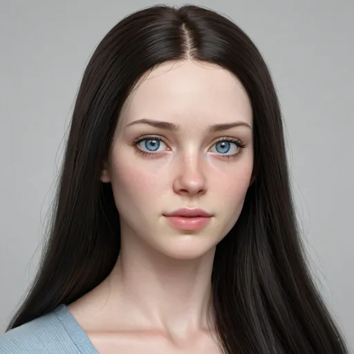 Prompt: hyper-realistic human women around 25 years old. She has long dark brown almost black straight hair. Very pale skin. She has light blue eyes. She has a rounder face but not fat nor very skinny