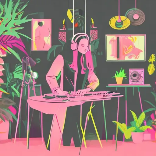 Prompt: Swedish female DJ. She has straight hair. Headphones. Turntable. She is wearing a blazer. She is in  a modern house with tropical plans. Illustration.