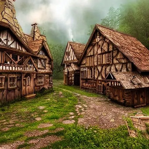 Prompt: fantasy medieval village in forest where buildings are made of of wood with shutter windows