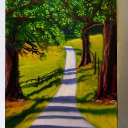 Prompt: Winding country road with trees lining the road in oil paint