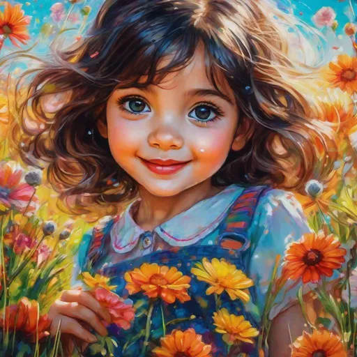 Prompt: A close up portrait of a A cheerful little girl picking flowers in a field on a warm sunny day, big eyes, dark hair , by Callie Fink and SIYA OUM, vibrant  colors , liquid ink, aesthetic, centered, 16k resolution , HQ , hyper detailed, intricate artwork, centered,  perspective ,16k, insanely detailed and intricate, hyper realistic, trending on cgsociet