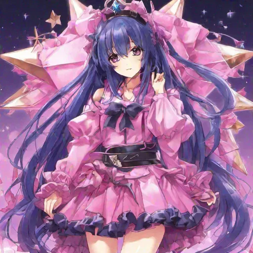 Prompt: Ai Hoshino was a beautiful girl with gradient-colored eyes from purple to pink and a six-pointed star in each of her eyes. She was shown to have long blue-purplish hair color 

Her idol outfit was adorned in a pink aesthetic of varying degrees of lighter and darker shades. The outfit's design is an overall ruffled appearance. A black belt is located on her waist, and other miscellaneous accessories are present throughout the design: three blue stars on her chest, a heart-shaped necklace on her neck, and a bunny hairpin accentuated by two gold stars and a pink ribbon.