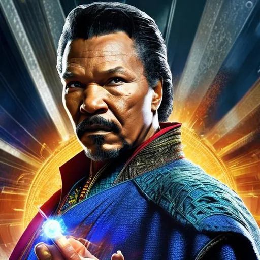 Prompt: Billy Dee Williams as Dr. Strange, 100K, movie poster, hyper realistic, High resolution, have the cape flowing, serious face, 25 years old
