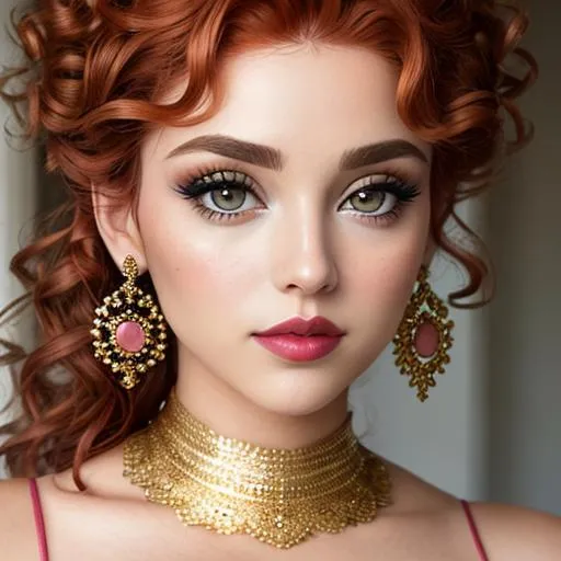 Prompt: big  eyes and carmine lips, silver and golden breaded silk, lips, pink cheeks, curly auburn hair