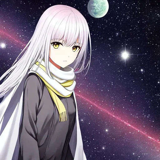 Prompt: female, long white hair, pink scarf, white cloak, grey shirt, yellow eyes, space, staring off
