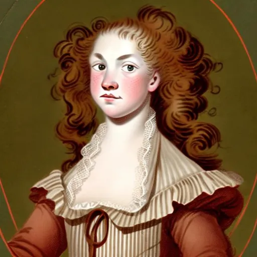 Prompt: Young woman in 18th century,red curly long hair with brown eyes, pale skin, with freckes, chubby face
Dressed with 1760 gown
 