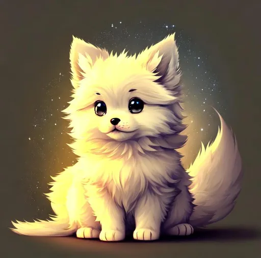 Prompt: Cute, very, very, light gray, fluffy, fantasy light puppy, with cloudy, white eyes, very, light, light, gray fur, and possessing the element of air and making circles of clouds and air move around in the air in a magical way, in a space background. Perfect features, extremely detailed, realistic. Krenz Cushart + loish +gaston bussiere +craig mullins, j. c. leyendecker +Artgerm.