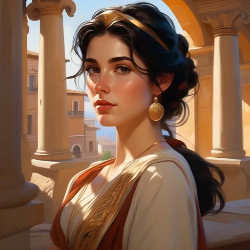 Prompt: Third person, gameplay, italian girl, pale skin, black hair, freckles, brown eyes, Italy, golden atmosphere, cartoony style, empire of rome, extremely detailed painting by Greg Rutkowski and by Henry Justice Ford and by Steve Henderson 