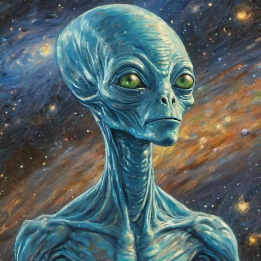 Prompt: Light blue-ish humanoid alien, around 3 meters tall portrayed with a space background, with stars and galaxies. The overall style of the image is to have features of Monet and Munch. The alien is looking at Earth with a sense of belonging and parenthood. He and his race is the original ancestor of the Earth People. He feels proud but also concerned as to where the humanity progressed. He wishes humanity was more friendly and connected. The image shows only the alien and the backdrop of the universe.
