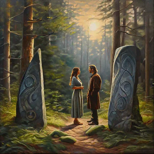 Prompt: two lovers coming together surrounded by ritualistic standing stones in the forest, smooth lighting, oil on canvas, ultrarealistic, 8K