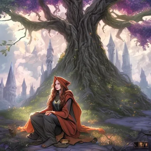 Prompt: a female wizard sitting under a tree