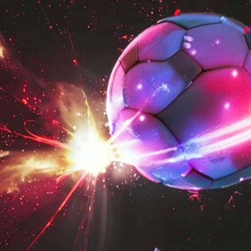 Prompt: an cyberpunk landscape of a soccer player shooting a soccer ball at a goal, depicted as an explosion of a nebula