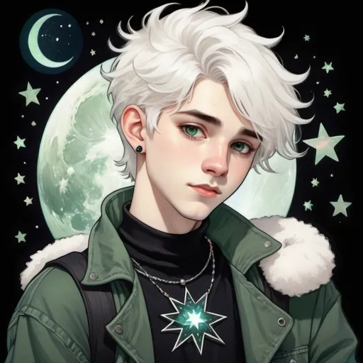 Prompt: A 19 year old boy with elf ears, pale skin, fluffy short white hair, dark blue eyes, star and moon earrings, spandex black turtleneck, dark green denim jacket, necklace with white crystal attached, wearing black baggy jeans.