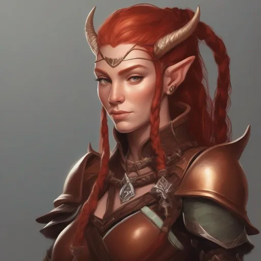 Prompt: dnd a elven woman with braided red hair wearing brown leather armor with two small born horns coming out of her head 