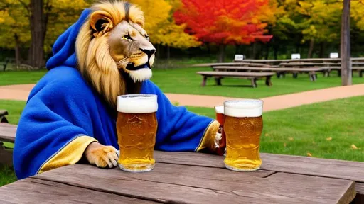 Prompt: smiling lion in a regal royal blue and gold robe drinking from a stein of beer at a picnic table in a beer garden with fall foliage 