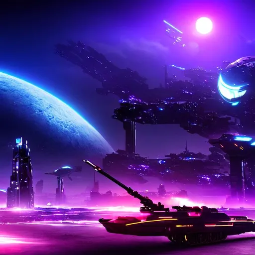 Prompt: Futuristic war Ultra technology, Dark future, Cyborg robots, Neon purple moonlight background