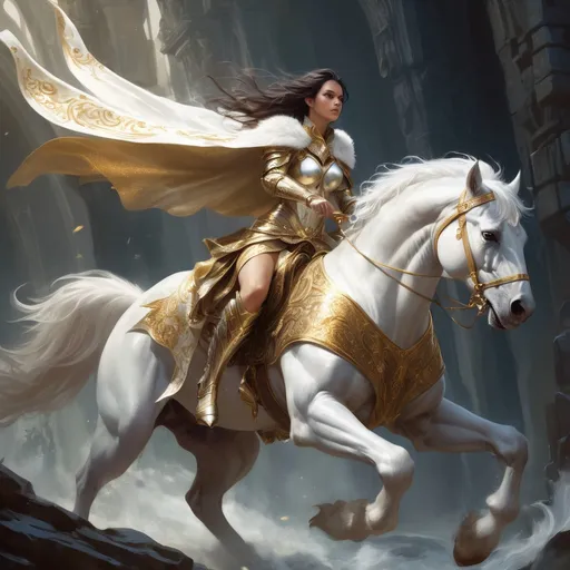 Prompt: (epic fantasy character art), a woman with (long flowing dark hair), wearing (white metallic armor) and a (white and gold furry cape), riding on a majestic mythical creature, capturing the grandeur of a fantasy realm, intricate detail, full of dynamic movement, rich textures, enchanted atmosphere, dramatic lighting, vivid contrast, inspiration from Aleksi Briclot's furry art, ultra-detailed, high quality.