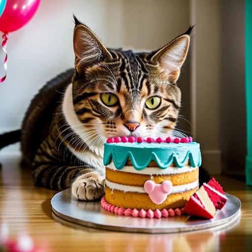 Prompt: a cat with a birthday cake, cartoonish, cute, kawai, funny
