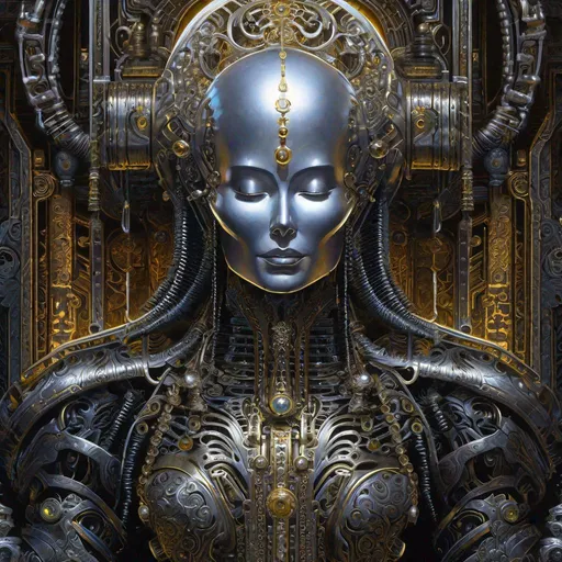 Prompt: "2/3 body portraite, metal golem with holographic parts , silver skin, glowing forge background, filigree Japanese Art calligraphy ornats, 8k resolution beautifully detailed illustration mixed media trending popular on artstation detailed Greg Rutkowski H.R. Giger, Tim Burton detailed painting gouache"