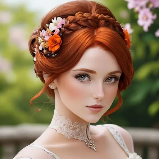 Prompt: Beautiful woman portrait auburn hair, elaborate updo hairstyle adorned with flowers