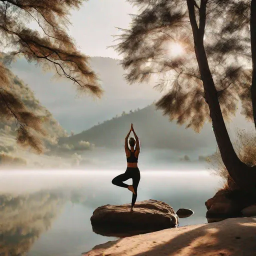 Prompt: A person doing yoga in a serene natural setting, embodying the idea of flexibility and embracing change