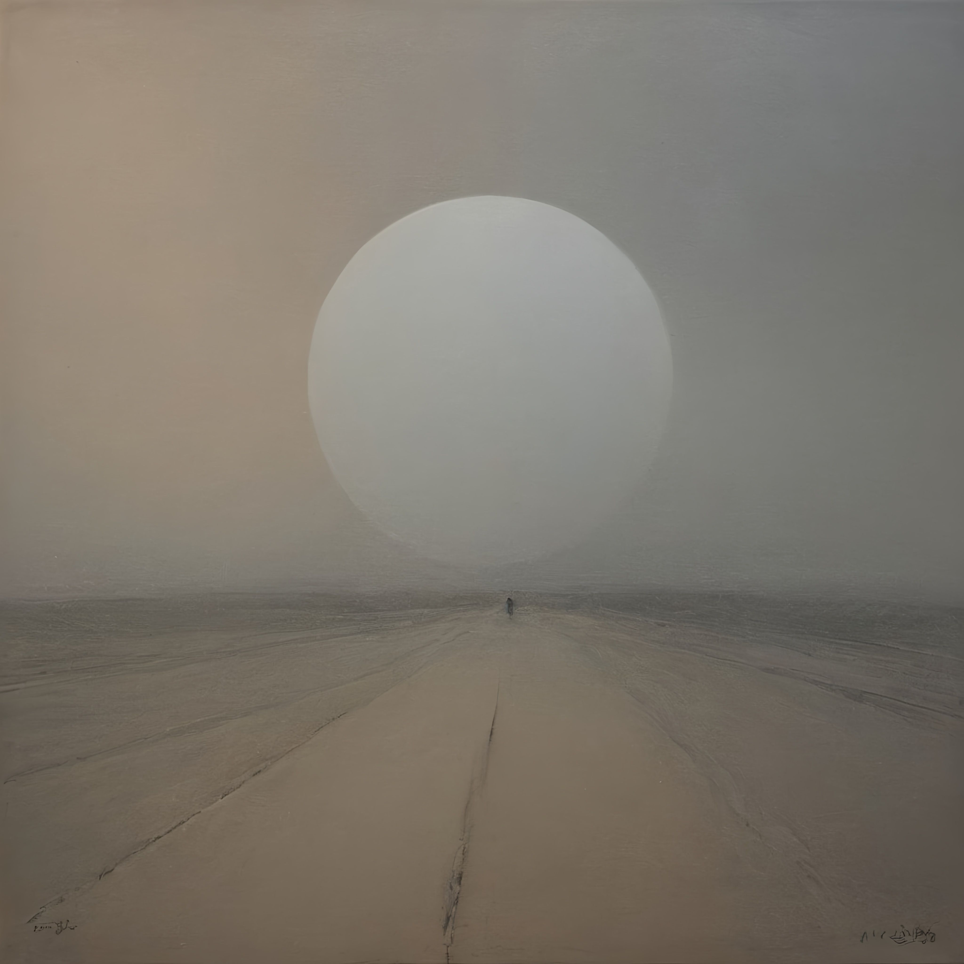 Prompt: a person walking across a sandy beach under a large sun in the distance with a foggy sky above, neo-romanticism, liminal, an ultrafine detailed painting