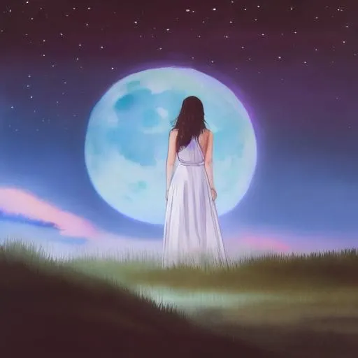 Prompt: water color painting of a woman in the night with a big moon in the background, wearing a long, silver dress, low light, pastel colors, by studio ghibli, dreamy aesthetic, centered