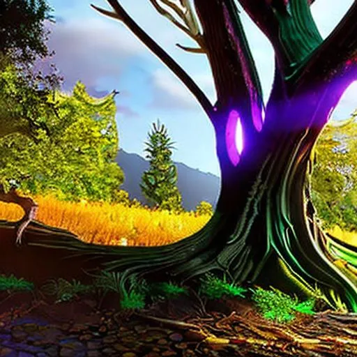 Prompt: Vines growing from a Druids heart through her body into a dead tree brining it back to life, a masterpiece, dark fantasy concept art, dynamic lighting, hyperdetailed, intricately detailed, Splash screen art, deep color, Unreal Engine, volumetric lighting, Alphonse Mucha, Jordan Grimmer, purple and yellow complementary colours