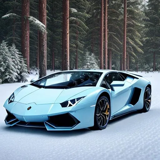 Lamborghini in snow in a forest with a light blue sk...