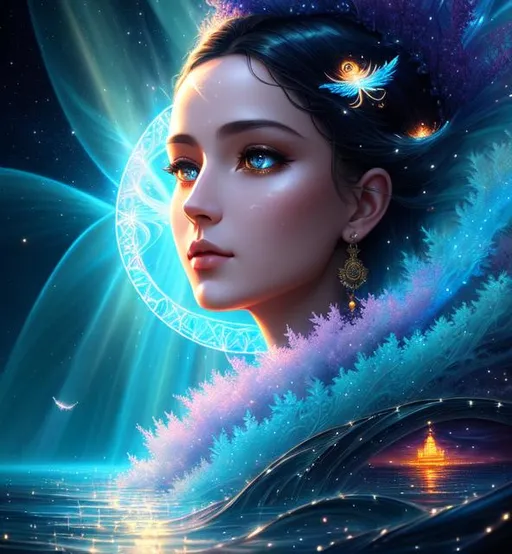 Prompt: painting of water spirit, an intricate and hyperdetailed matte painting by Ekaterina Savic, fantasy art, movie poster, celestial, vaporwave, ethereal, sunshine rays, fireflies, lighting 8k