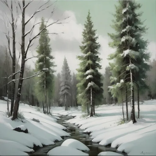 Prompt: painting of trees covered in snow, in the style of grigory gluckmann, Norwegian nature, uhd image, abigail larson, realistic landscape, traditional oil painting, green and gray