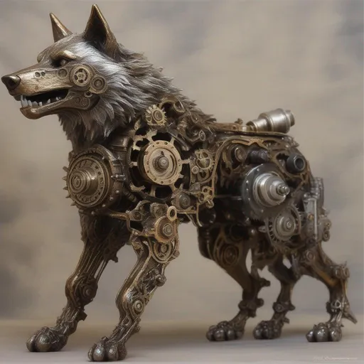 Prompt: Adamant Dwarven Wolf, big cat made out of bronze and silver, steampunk-like, gears and metal parts, masterpiece, best quality, in oil painting style