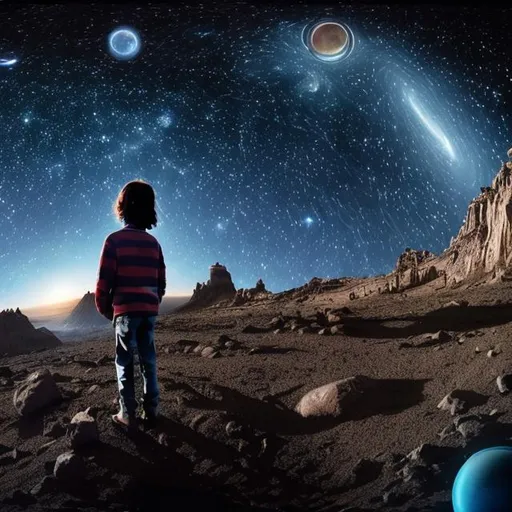 Prompt: 7 year old child alien stargazing at the whole observable universe stunning 8K UHD realistic HDR render space 4K realistic