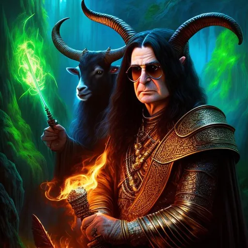 Prompt: Full body splash art, fantasy art, digital painting, D&D, sharp focus, hyper-realistic. Ozzy Osbourne as a Celtic warrior, with goat horns, smoking a pipe, wearing sunglasses, feathers in long black hair. luminous forest, sunset. by Rembrandt, by Clyde Caldwell.