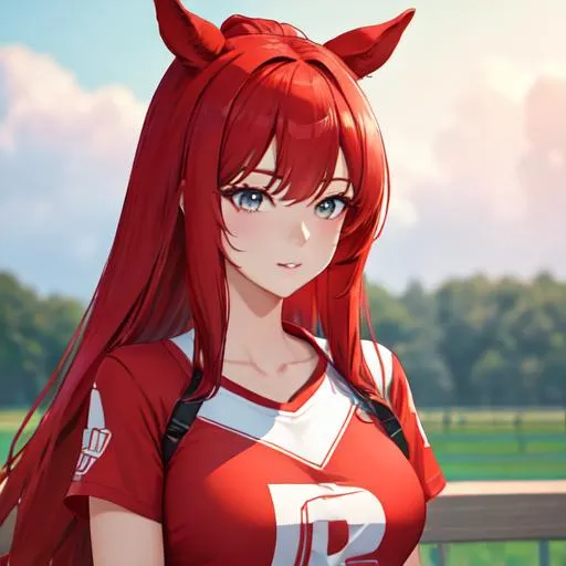 Prompt: Haley as a horse girl with bright red hair pulled back, UHD, highly detailed, wearing a t-shirt