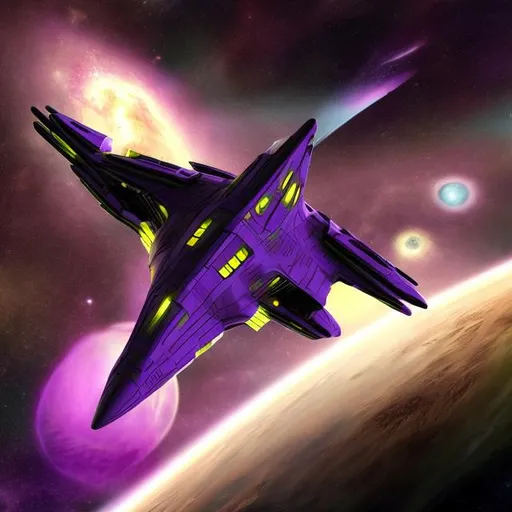 Prompt: The starship 5011.
Purple and yellow are the starship 5011s colors. The ship is drifting through the cosmos. 