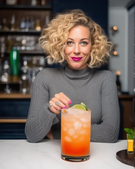 Prompt: A beautiful 35 yo woman with short curly blonde hair drinking The weirdest cocktail ever 