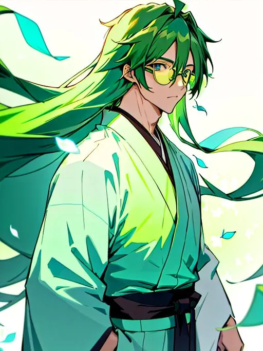 Prompt: 4K, Male anime character with blue and green long hair. He has  rectangular framed glasses, bright blue eyes, and is wearing a Japanese brown and green floral kimono. He has a neutral expression on his face. The background is white with light green and light blue translucent petals.