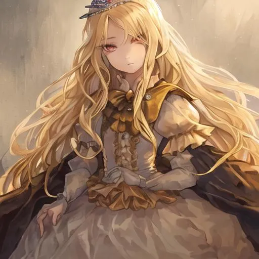 Prompt: Girl with blond and long hair and have orange eyes, she looks like a princess with a sweet face