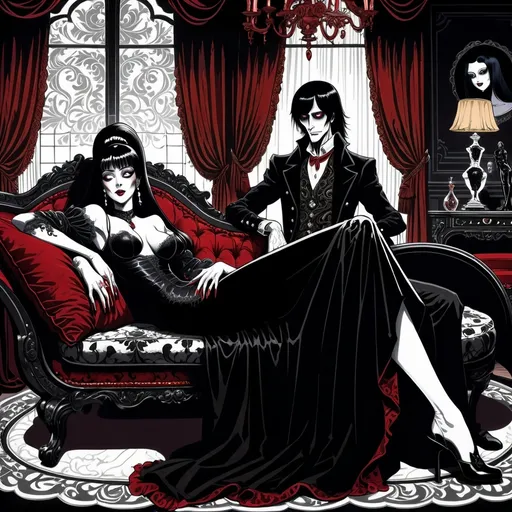 Prompt: Junji Ito manga style Black and White, Elvira Mistress of the Dark lying on her side on a Chaise Lounge with John Carradine next her), baroque style, dark color scheme, elegantly gothic attire, intricate details, dim lighting, dramatic shadows, opulent background, luxurious textures, ornate furniture, deep reds and blacks, baroque patterns, solemn atmosphere, rich color tones, dark romanticism, ultra-detailed, 4K, photorealistic masterpiece, timeless elegance.