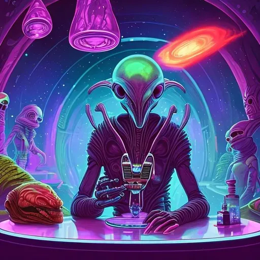 Prompt: widescreen, photo, painting, infinity vanishing point, overhead lighting, alien smoking a crystal bong,  fancy table , in an exotic space cantina, stunning galaxy background