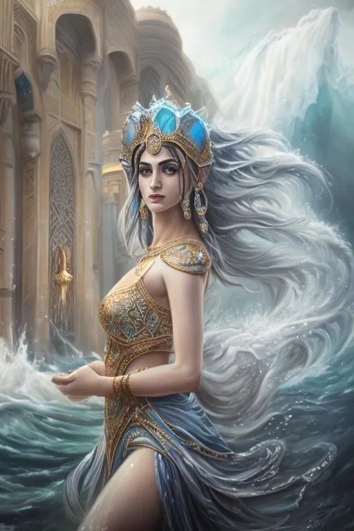 Prompt: High-resolution hyper realistic painting of {iranian water goddess} [anahita] , uhd, hdr, 64k, epic scene, crown, upper body, sharp edges, wave armor, waterfall hair, ocean eyes