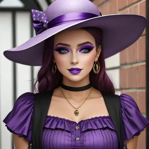 Prompt: A woman all in purple, pretty makeup, wearing a hat