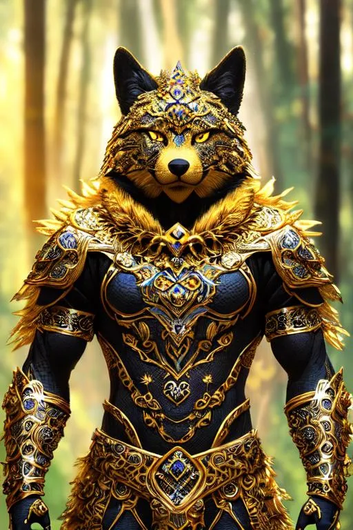 Prompt: masterpiece intricate best quality ultra realistic scenic view landscape portrait of 3D yellow and black furry dogman, hyperdetailed intricate luxury pattern fantasy blue mithril armor with diamond ornament, hyperdetailed intricate fur, young athletic body, hyperdetailed complex, hyperdetailed face,

character concept, standing in hyperdetailed fantasy glowing forest,

glowing colorful sunshine, natural light, head light, cinematic light, studio lighting, fantastical nostalgic mood,

fantasy environment, 

a lot of yellow glowing light floating in the air,

professional award-winning photography, maximalist photo illustration 64k, resolution High Res intricately detailed,

impressionist painting, digital painting, colorful, rich deep color, concept art, digital art, heroic fantasy art, illustration, key visual, panoramic, cinematic, masterfully crafted, 8k resolution, stunning, ultra detailed, expressive, hypermaximalist, UHD, HDR, UHD render, 3D render, 64K, WLOP,